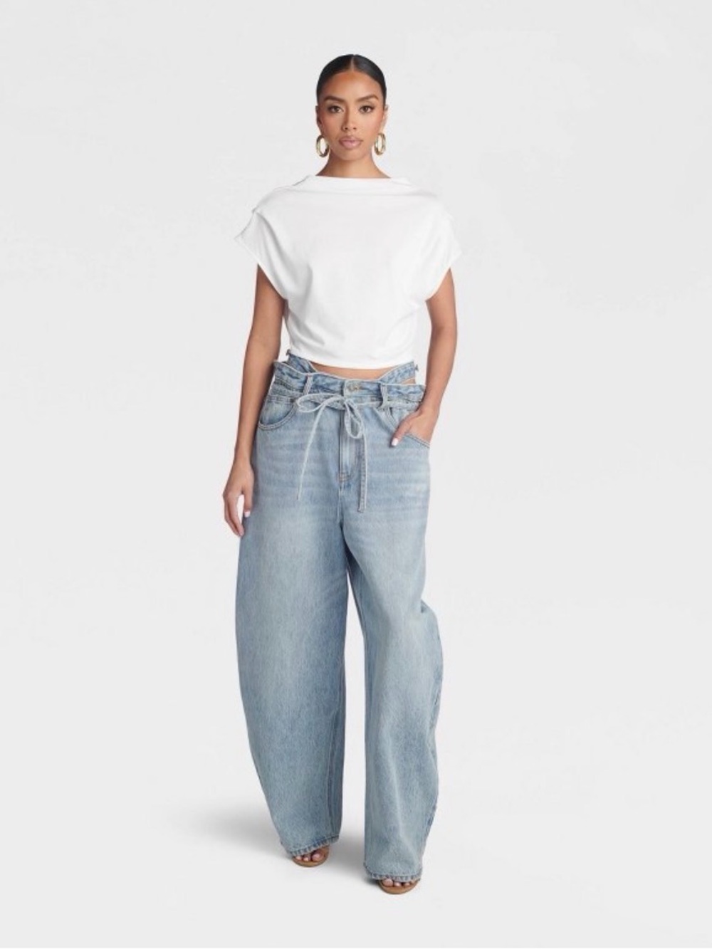 High-Rise Wide Leg Jeans with Paperbag Waist in Light Blue